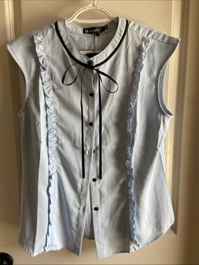 Allegra K Light Blue Sleeveless Ruffle Blouse with Black Tie